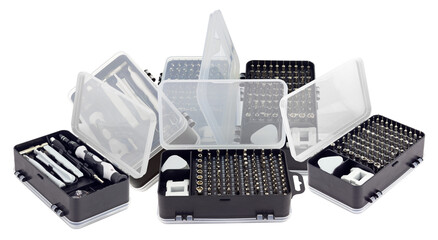 extensive precision screwdriver set with various bits and tools organized in multiple portable cases, essential for electronics repair and diy projects.