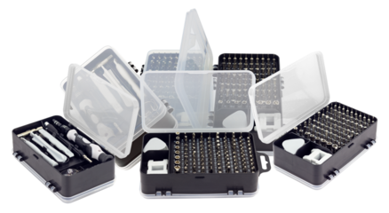 extensive precision screwdriver set with various bits and tools organized in multiple portable cases, essential for electronics repair and diy projects.
