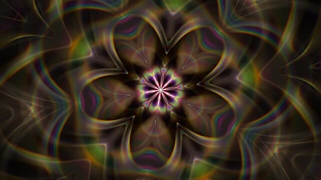Abstract rainbow kaleidoscope motion background with glowing prismatic flower shapes and psychedelic floral patterns