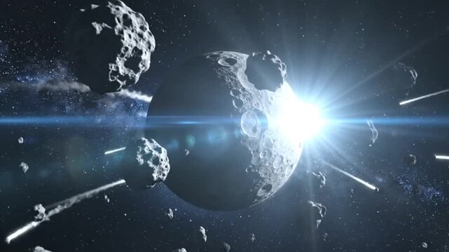 Dramatic depiction of a moon being bombarded by meteorites in deep space.