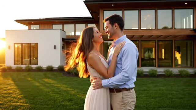 Happy couple embraces with love in front of their modern luxury home on a sunny day - Powered by Adobe