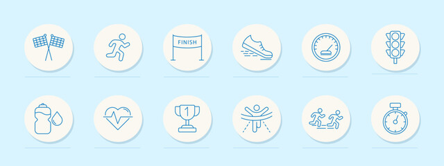 Marathon set icon. Circular linear icons depicting runners, finish line, shoes, stopwatch, trophy, speed, traffic light, water bottle, heart rate, and podium elements