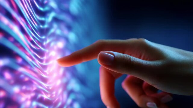 A Captivating Image of a Hand Gently Touching a Vibrant, Colorful Surface of Light Waves, Illustrating the Intersection of Human Touch and Advanced Technology in a Digital Universe