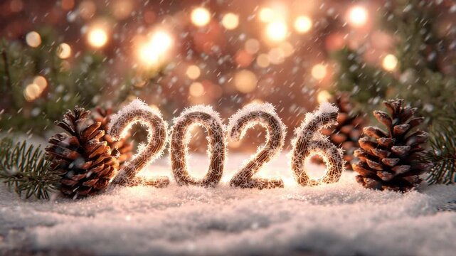 A festive 2026 New Year display featuring glowing, frost-covered numbers set in deep snow. Surrounded by pinecones and evergreen branches with a warm, shimmering holiday bokeh background.