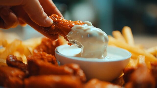 A close-up shot of a hand dipping a golden, crispy buffalo chicken wing into a bowl of creamy white ranch or blue cheese sauce, with french fries in the blurred background.