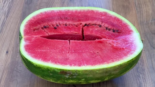 Two halves of a large striped watermelon with seeds are lying on the table. A ripe, juicy watermelon cut into two halves. The flesh of the fruit is red. Watermelon from Alanya. Turkey. 4K