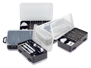 assortment of precision screwdrivers and bits for electronics repair, neatly organized in a portable plastic case, ready for detailed work.