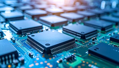 Circuit Board Microscopic Vista: A high-angle perspective showcases an intricate array of computer chips on a circuit board, a symbol of advanced technological evolution.