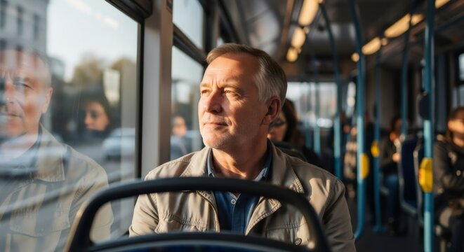 Mature man looking out of window on bus. Elder male commuting by public transport. Active lifestyle, retirement concept.