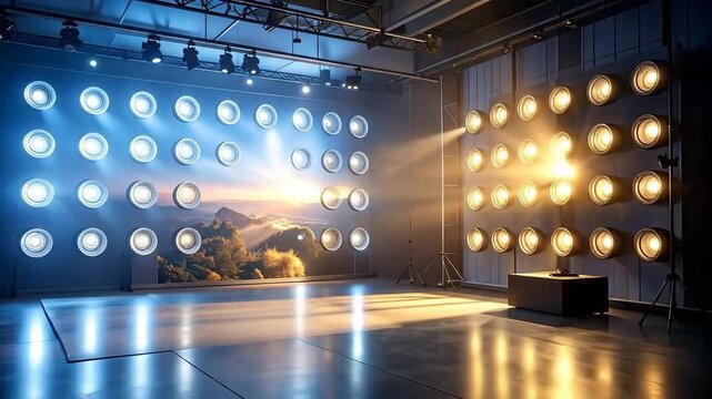 Illuminated studio space with rows of lights, creating a bright and professional atmosphere.