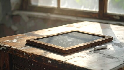 Old School Slate and Chalk on Wooden Desk.