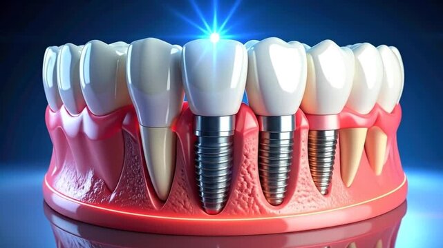 Dental implants are shown in a detailed 3D rendering, highlighting modern dentistry.