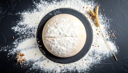 Overhead shot of dough ball on black plate with flour.