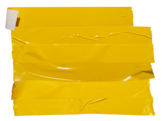 multiple strips of bright yellow duct tape arranged horizontally, isolated on a transparent background.