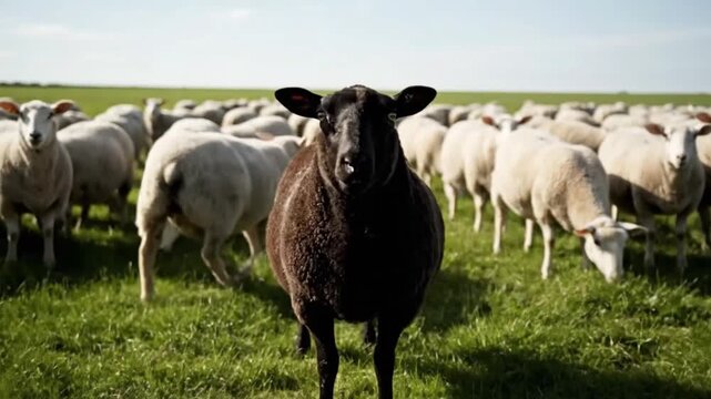 Black Sheep Standing Out in White Flock on Green Pasture &ndash; Individuality Concept