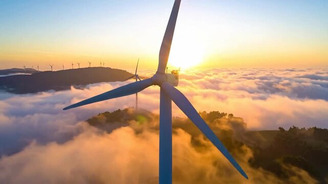 Aerial view of wind turbines generating clean energy above the clouds at sunrise.