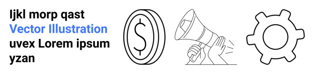 Fototapeta premium Finance, marketing, productivity, campaign management, business growth, communication tools. Line art icons of a dollar sign, megaphone and gear. Finance and marketing concepts