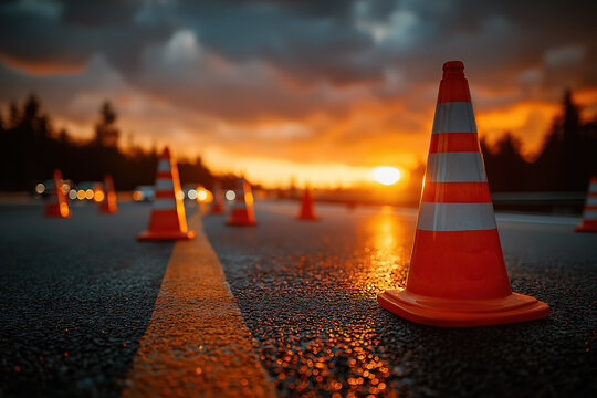 Traffic cones on highway at sunset with dramatic sky and glowing horizon