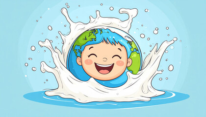 Happy child face with earth globe hair splashing in water splash on blue background, joyful nature and environment concept
