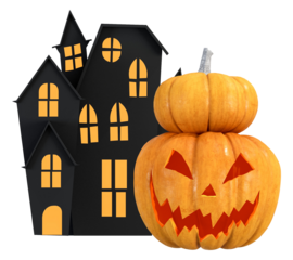 spooky halloween scene featuring a stacked jack-o'-lantern and a haunted house silhouette with glowing windows.