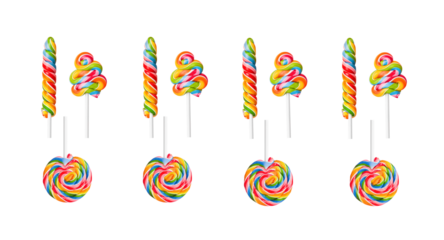 collection of eight vibrant rainbow swirl lollipops and candy sticks arranged in a playful, colorful pattern on a transparent background, perfect for candy-themed designs.