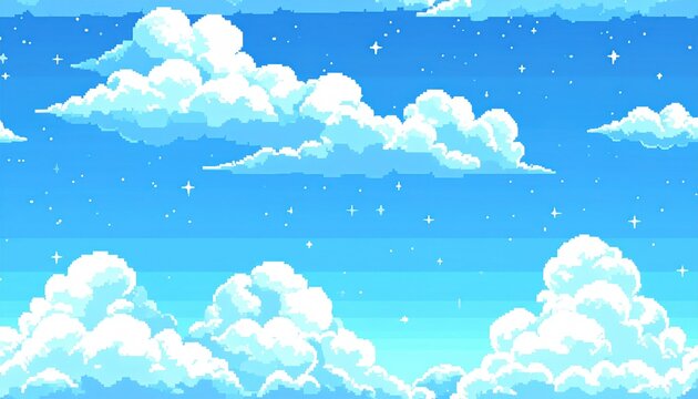 Pixel Art Sky with Clouds and Stars - A Nostalgic Digital Landscape.