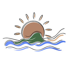 Minimalist line art of sun rising over waves in pastel colors  