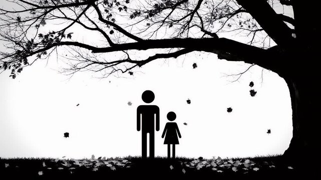 Black and White Stick Figures Sibling Silhouette Under Tree with Falling Leaves
