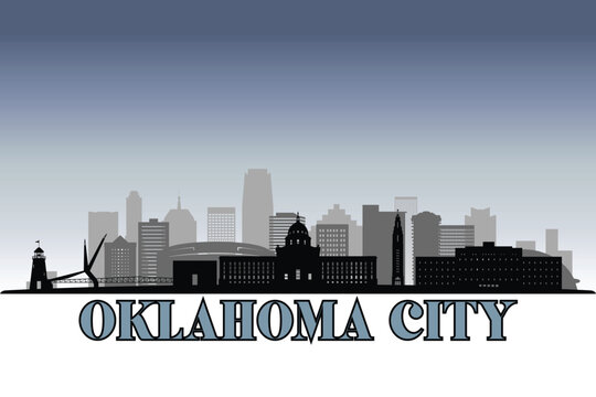 Global city Oklahoma City shown in a detailed vector skyline with grey rainy sky