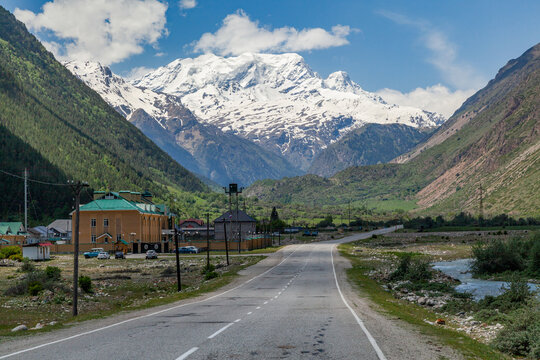 Mountain road in Caucasus Mountains, from Tyrnyauz to Terskol, Azau, near Mount Elbrus, Donguz Orun. Valleys, and natural terrain.Countryside travel route with remote scenery, outdoor nature 