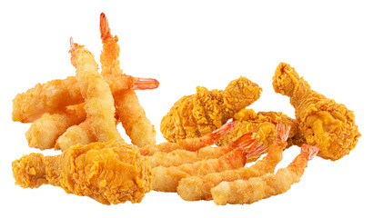 a vibrant assortment of fried shrimp and chicken drumsticks, artfully arranged on a dark background for a dynamic food presentation.