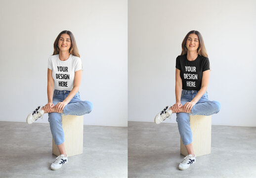 Mockup Of Woman Wearing Customizable T-Shirt Sitting In Studio