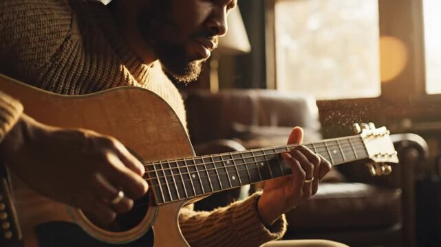 Focused musician playing acoustic guitar at home in warm natural light, strumming and fingerpicking melodic chords