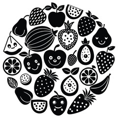 Fototapeta premium Seamless pattern vector illustration of cute cartoon fruits and berries featuring sweet strawberries and floral leaf ornaments for a summer nature wallpaper design