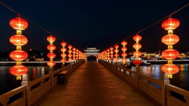 Rows of glowing red lanterns on an ancient bridge at night