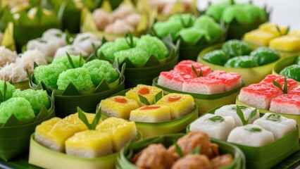 Colorful Traditional Indonesian Kueh Sweet Snacks in Banana Leaf Bowls