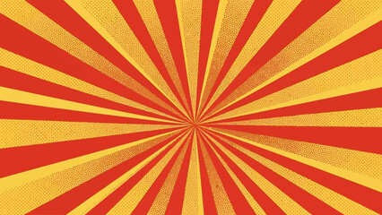 Obraz premium Red sunburst lines on yellow Background. Light sun rays pattern. Vintage stripes halftone radial wallpaper for poster, banner, advertising backdrop, comic or circus scene