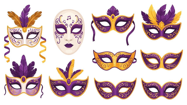 Carnival masks for Mardi Gras set. Festive masquerade. Disguise accessory for face. Facial masque in theater moretta, volta. Venetian fashion. Flat isolated vector illustration on white background
