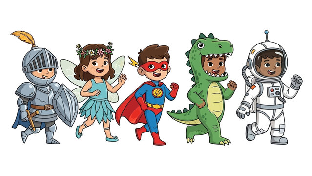 Cartoon Children Wearing Various Costumes. Diverse collection of cute children wearing various costumes like clown, viking, devil, elf, pirate, alien, and knight.
