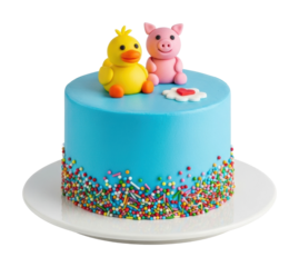 Colorful celebration cake with animals at festive party venue isolated on transparent background