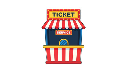 Naklejka premium Cartoon carnival striped ticket booth kiosk isolated on white. Flat cinema, circus, theater, amusement park tent element with empty window. Entertainment and fun access purchase. Vector illustration