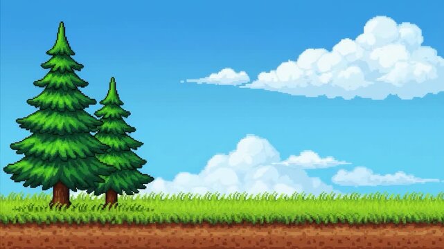 Cartoon Landscape Green Hills with Fir Trees  Bright Blue Sky Background.