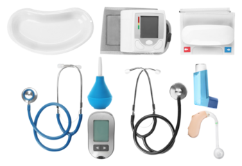 comprehensive medical equipment flat lay, featuring stethoscopes, blood pressure monitor, glucometer, ear mold, and asthma inhaler on a transparent background.