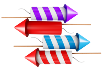 four colorful rocket fireworks, each with a white tip and striped body in purple, red, blue, and red, lying horizontally on a transparent background.