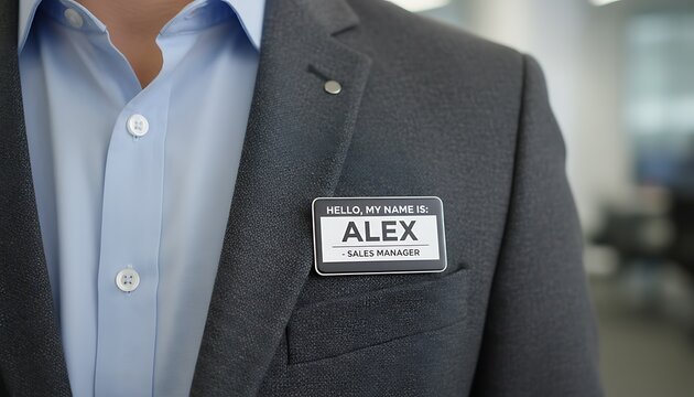 Close-up of a man wearing a suit and name tag reading 'ALEX, SALES MANAGER' pinned to his lapel