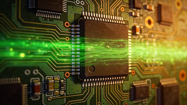 Microelectronic circuit board with glowing green data transmission