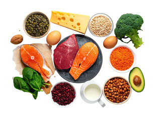 High protein foods salmon, beef, eggs, beans, dairy, cheese