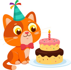 Cute Cat Cartoon Character Sitting With Birthday Cake And Hat &ndash; Vector Illustration Flat Design Isolated On Transparent Background