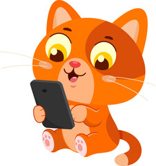 Playful Cat Cartoon Character Using Smartphone &ndash; Vector Illustration Flat Design Isolated On Transparent Background