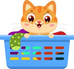 Funny Cat Cartoon Character Sitting In Laundry Basket &ndash; Vector Illustration Flat Design Isolated On Transparent Background